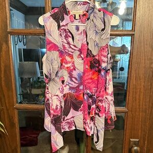 Dana Buchman Womens Pink Purple Abstract Floral Sleeveless Tie Front Blouse L